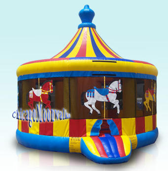 Carousel Jumper Deluxe Moonwalk Rental Chicago Bounce House. Great Carnival Themed Party Rental, Sure to be the Highlight of your Celebration. Chicago Party Rental Carousel Features Merry Go Round Theme